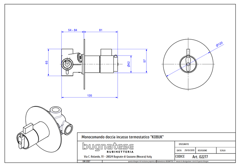 Technical Drawing for Bugnatese, Kobuk Termosztátos fal alatti zuhanycsaptelep - Fürdő - 2277