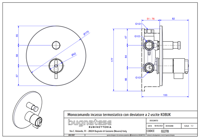 Technical Drawing for Bugnatese, Kobuk termosztátos fal alatti váltós zuhanycsaptelep - Fürdő - 2278