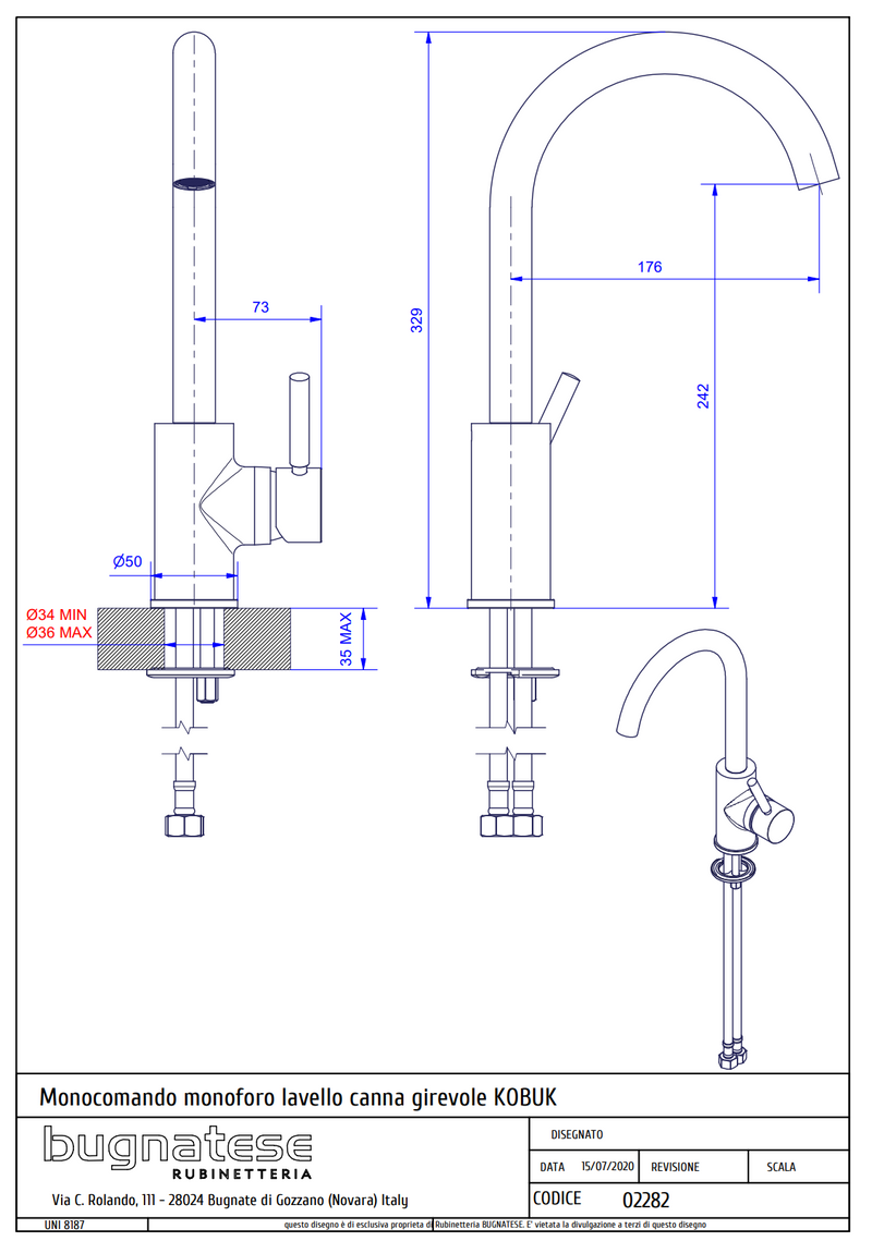 Technical Drawing for Bugnatese, Kobuk,Modern, Álló konyhai csaptelep leeresztővel – Konyha – 2282