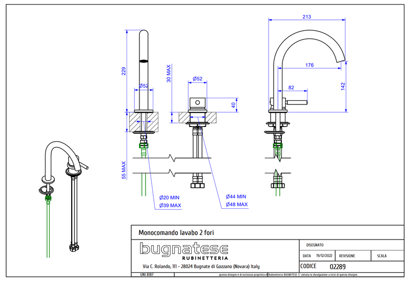 Technical Drawing for Bugnatese, Kobuk , Peremre szerelhető 2 üléses mosdócsaptelep-  Fürdő – 2289