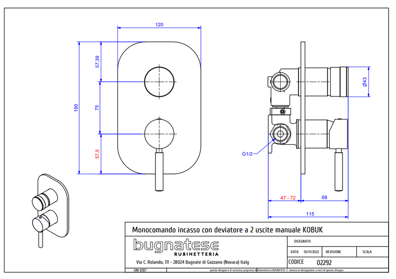 Technical Drawing for Bugnatese, Kobuk Fal alatti váltós zuhanycsaptelep - Fürdő - 2292
