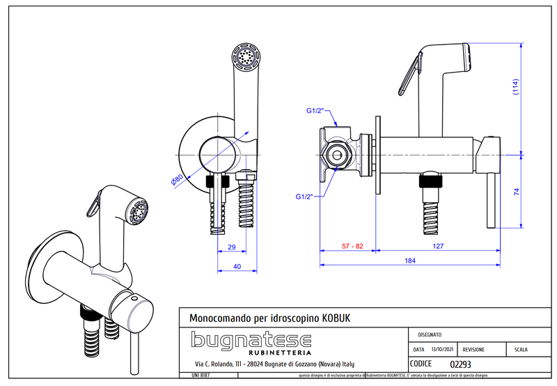 Technical Drawing for Bugnatese, Kobuk ,Fal alatti bidet csaptelep zuhanyszettell - Fürdő - 2293