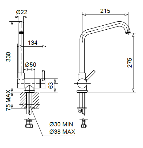 Technical Drawing for Bugnatese, Kobuk , Modern, Álló konyhai csaptelep – Konyha – 2296