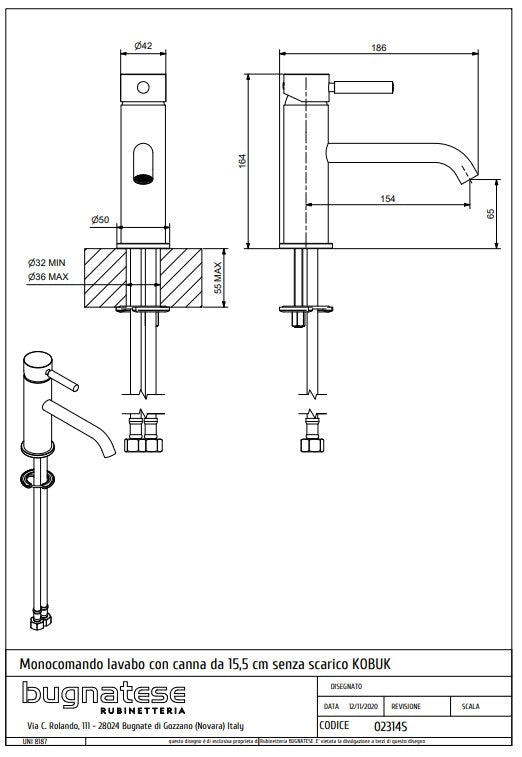 Technical Drawing for Bugnatese, Mosdó csaptelep leeresztő nélkül - Fürdő 2314S