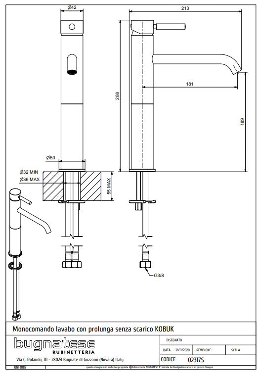 Technical Drawing for Bugnatese,Magasított mosdó csaptelep -Fürdő - 2317S