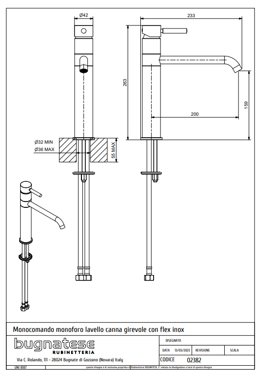 Technical Drawing for Bugnatese, Kobuk, Modern, Álló konyhai csaptelep leeresztővel – Konyha – 2382