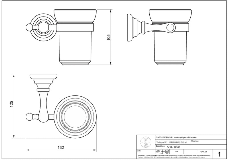 Technical Drawing for Bugnatese, Old' 800, Fali pohártartó matt üveg betéttel – Fürdő – 24802