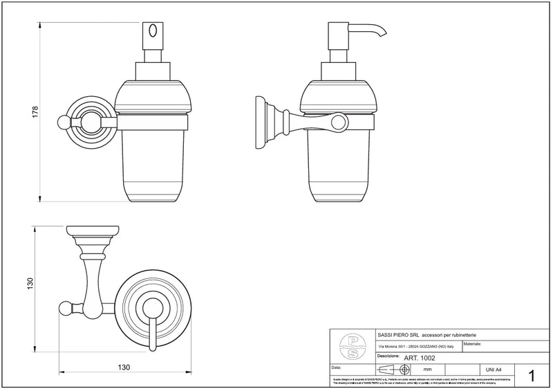 Technical Drawing for Bugnatese, Old' 800, Fali szappanadagoló matt üveg betéttel – Fürdő – 24804