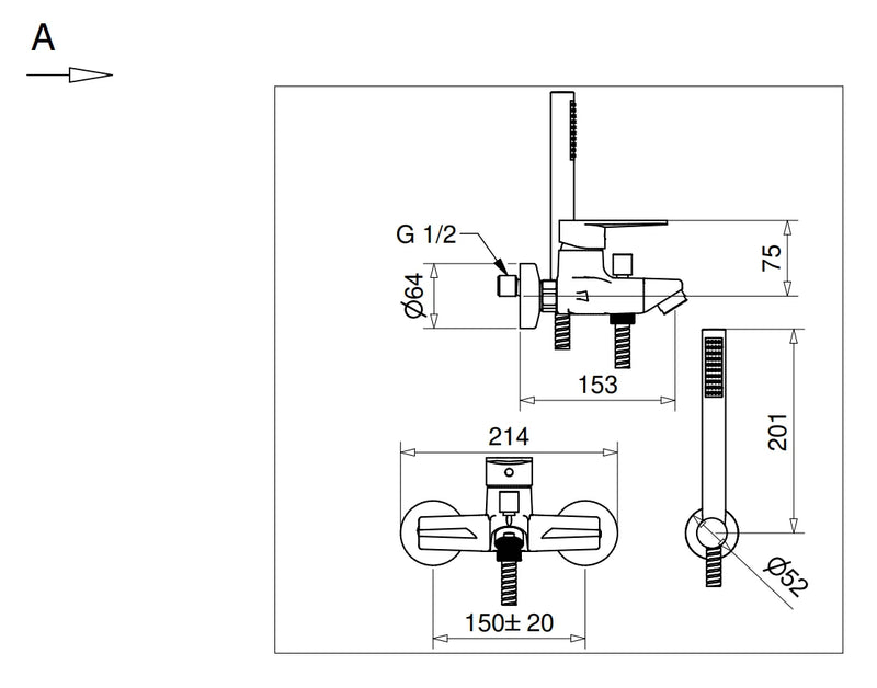 Technical Drawing for Bugnatese, Century, Kádcsaptelep zuhanyszettel – Fürdő – 3602
