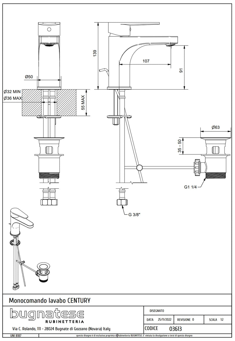 Technical Drawing for Bugnatese, Century, Mosdócsaptelep leeresztővel – Fürdő – 3613