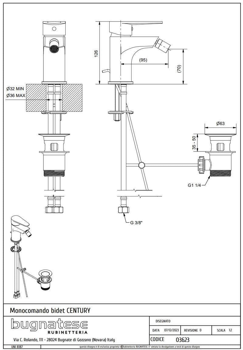 Technical Drawing for Bugnatese, Century, Bidé csaptelep leeresztővel – Fürdő – 3623