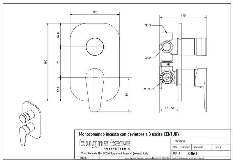 Technical Drawing for Bugnatese, Century,  Fal alatti 3 állású zuhanycsaptelep – Fürdő – 3631
