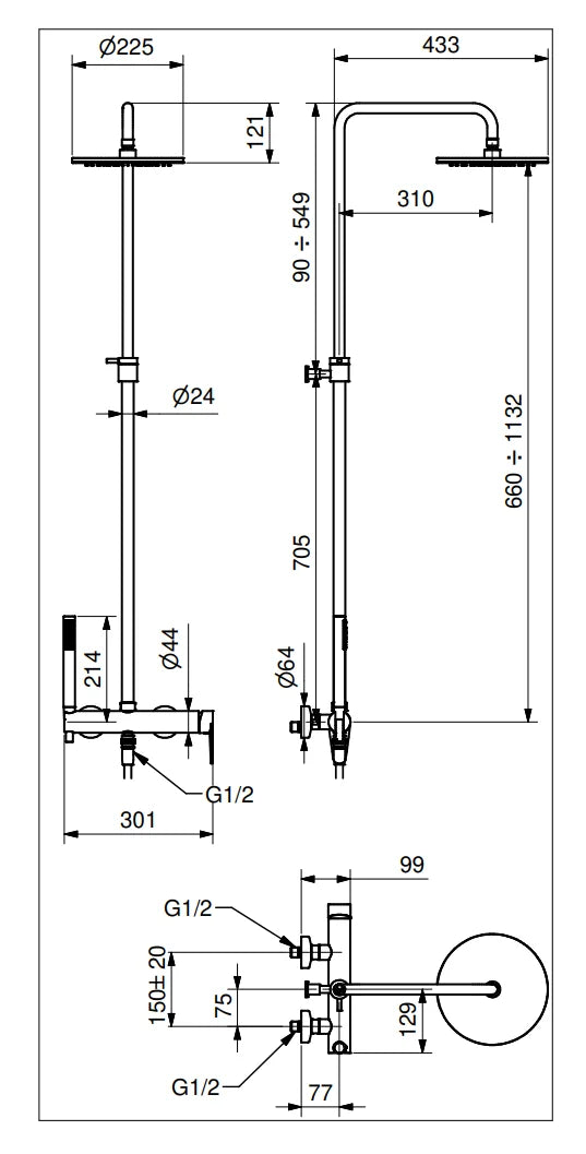 Technical Drawing for Bugnatese, Century,  Esőztető rendszer fej- és kézizuhannyal – Fürdő – 3642C