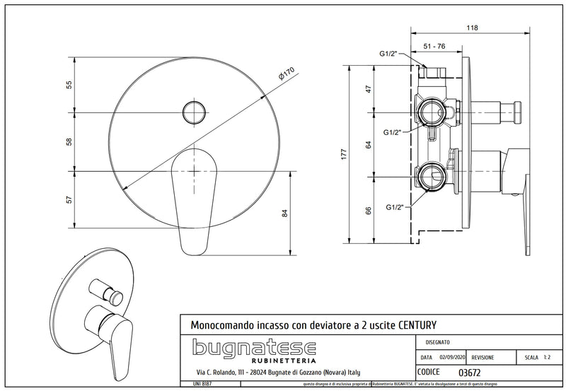 Technical Drawing for Bugnatese, Century, Fal alatti váltós csaptelep – Fürdő – 3672