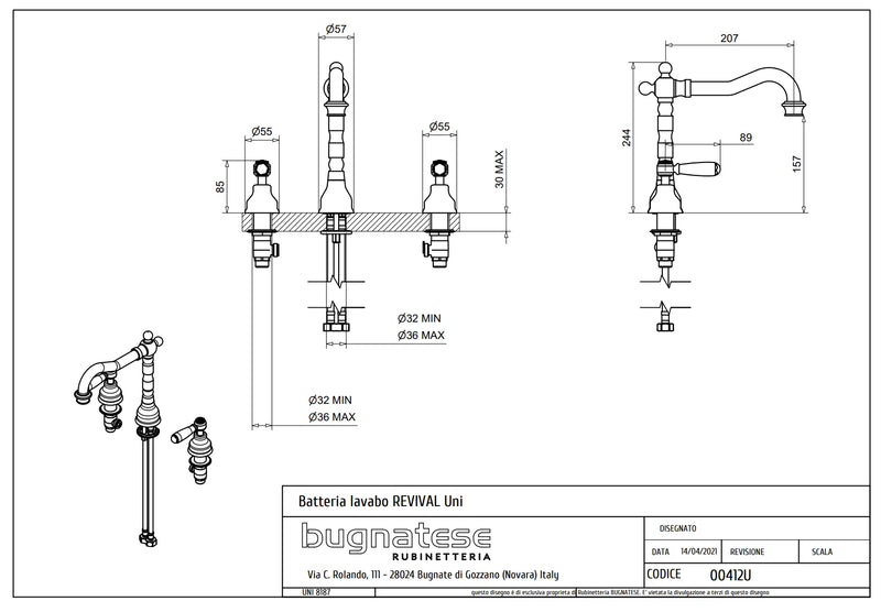 Technical Drawing for Bugnatese, Revival, 3 üléses mosdócsaptelep leeresztővel – Fürdő – 412U