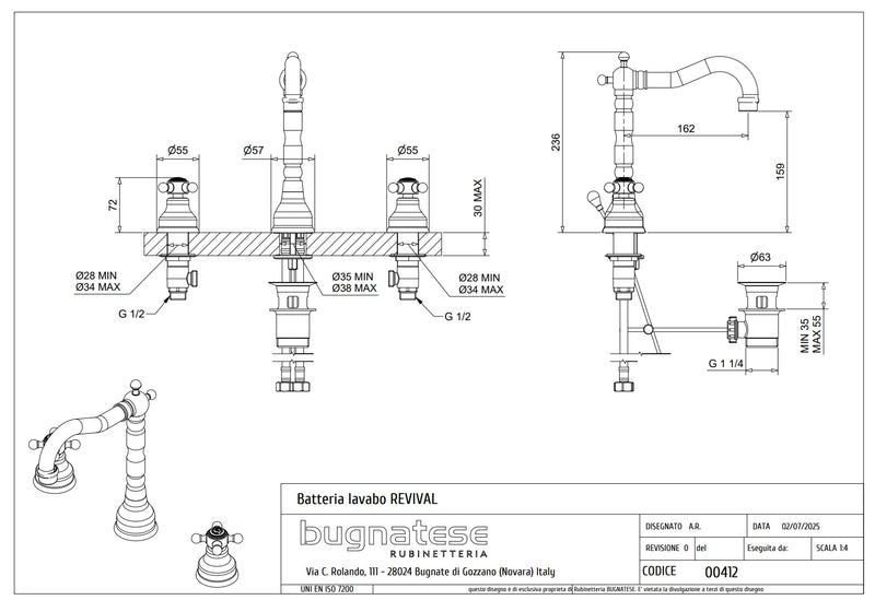 Technical Drawing for Bugnatese, Revival, Álló 3 üléses mosdócsaptelep leeresztővel – Fürdő – 412