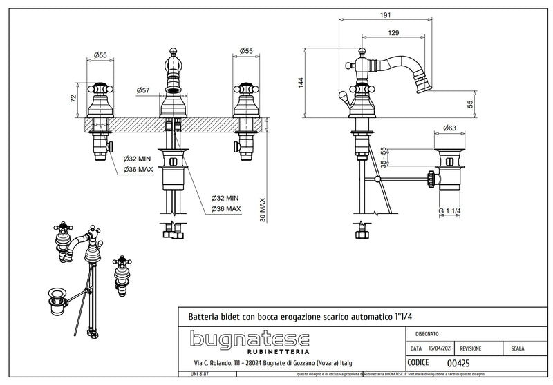 Technical Drawing for Bugnatese, Revival, Álló 3 üléses bidet csaptelep kifolyóval – Fürdő – 425