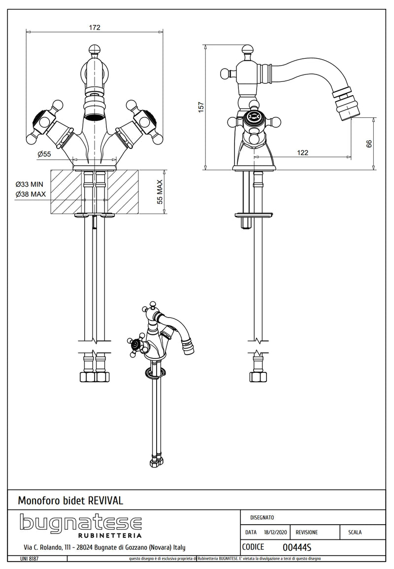 Technical Drawing for Bugnatese, Revival, Bidet csaptelep leeresztő nélkül – Fürdő – 444S