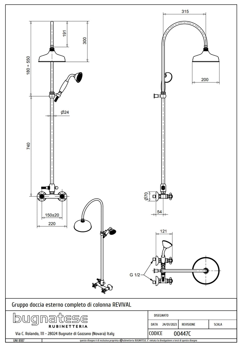 Technical Drawing for Bugnatese, Revival, Esőztető rendszer fejzuhannyal és kézi zuhannyal – Fürdő – 447C