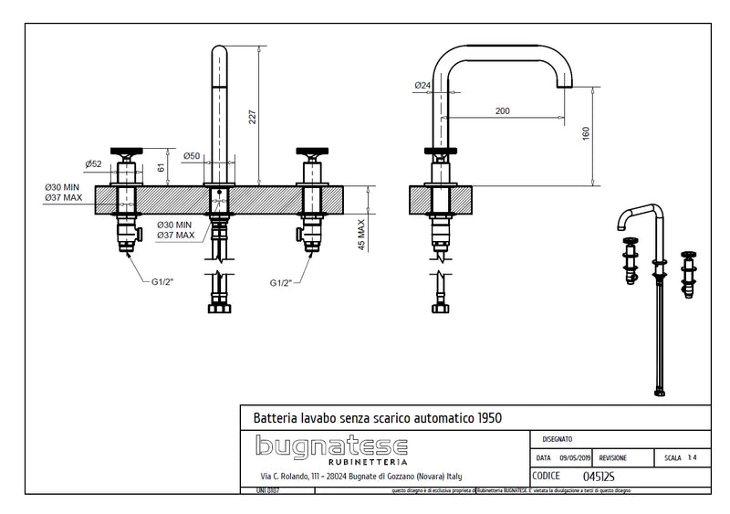 Technical Drawing for Bugnatese, Modern, 3 üléses mosdócsaptelep  klikk-klakk leeresztővel – Fürdő – 4512SC