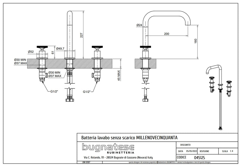 Technical Drawing for Bugnatese, Modern, 3 üléses mosdócsaptelep leeresztő nélkül – Fürdő – 4512S