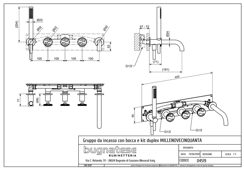 Technical Drawing for Bugnatese, Modern, Fal alatti rendszer kifolyóval és zuhanyszettel – Fürdő – 4519