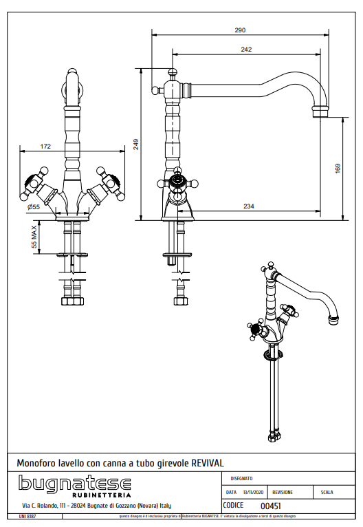 Technical Drawing for Bugnatese, Revival, Klasszikus, Álló konyhai csaptelep leeresztővel – Konyha – 451