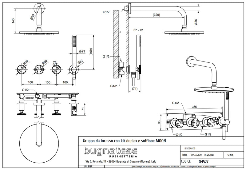 Technical Drawing for Bugnatese, Modern, Fal alatti zuhanycsaptelep kézizuhannyal és esőztetőfejjel – Fürdő – 4527