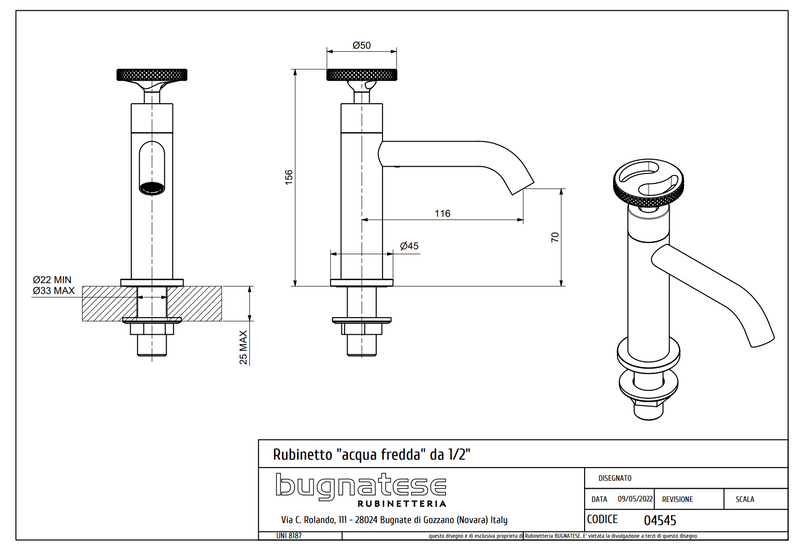 Technical Drawing for Bugnatese, Millenovecinquanta, Modern, Mosdó csaptelep – Fürdő – 4545