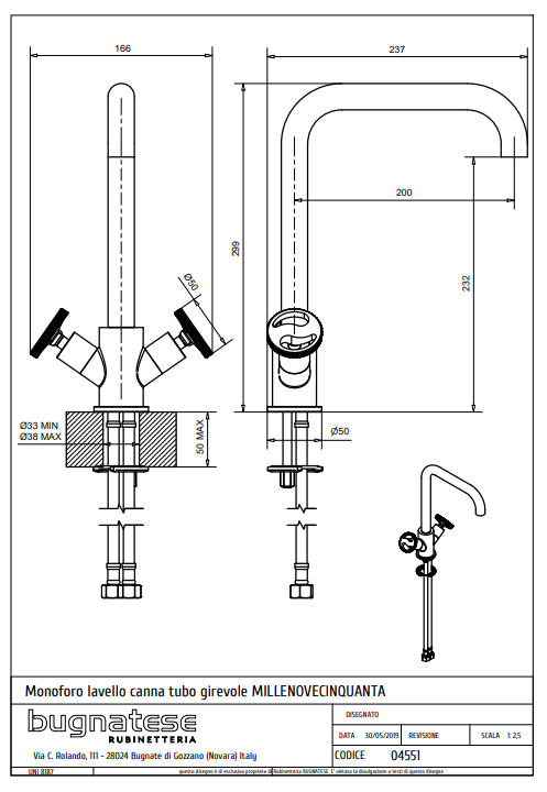 Technical Drawing for Bugnatese, Millenovecinquanta, Modern, Álló konyhai csaptelep leeresztővel – Konyha – 4551
