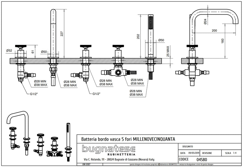 Technical Drawing for Bugnatese, Modern, Peremre szerelt 5 üléses kádcsaptelep – Fürdő – 4580