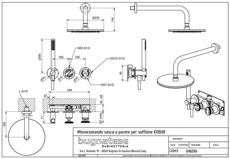 Technical Drawing for Bugnatese, Modern, Fal alatti zuhanycsaptelep kézizuhannyal és esőztetőfejjel – Fürdő – 4601H