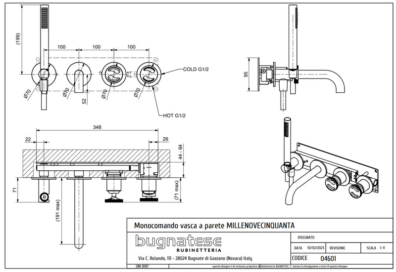 Technical Drawing for Bugnatese, Modern, Fal alatti kádcsaptelep kézizuhannyal – Fürdő – 4601