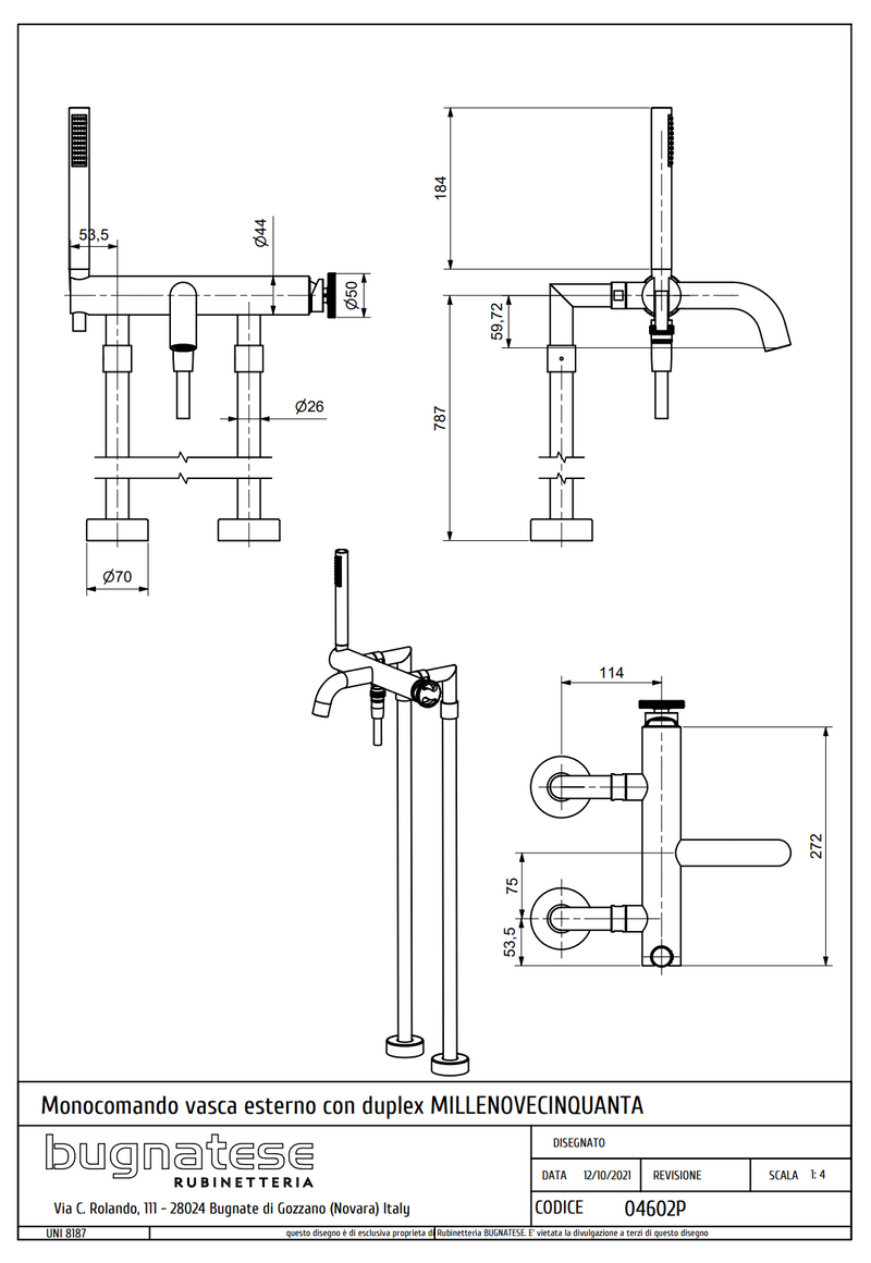 Technical Drawing for Bugnatese, Millenovecinquanta, Modern, Szabadonálló kádcsaptelep – Fürdő – 4602P