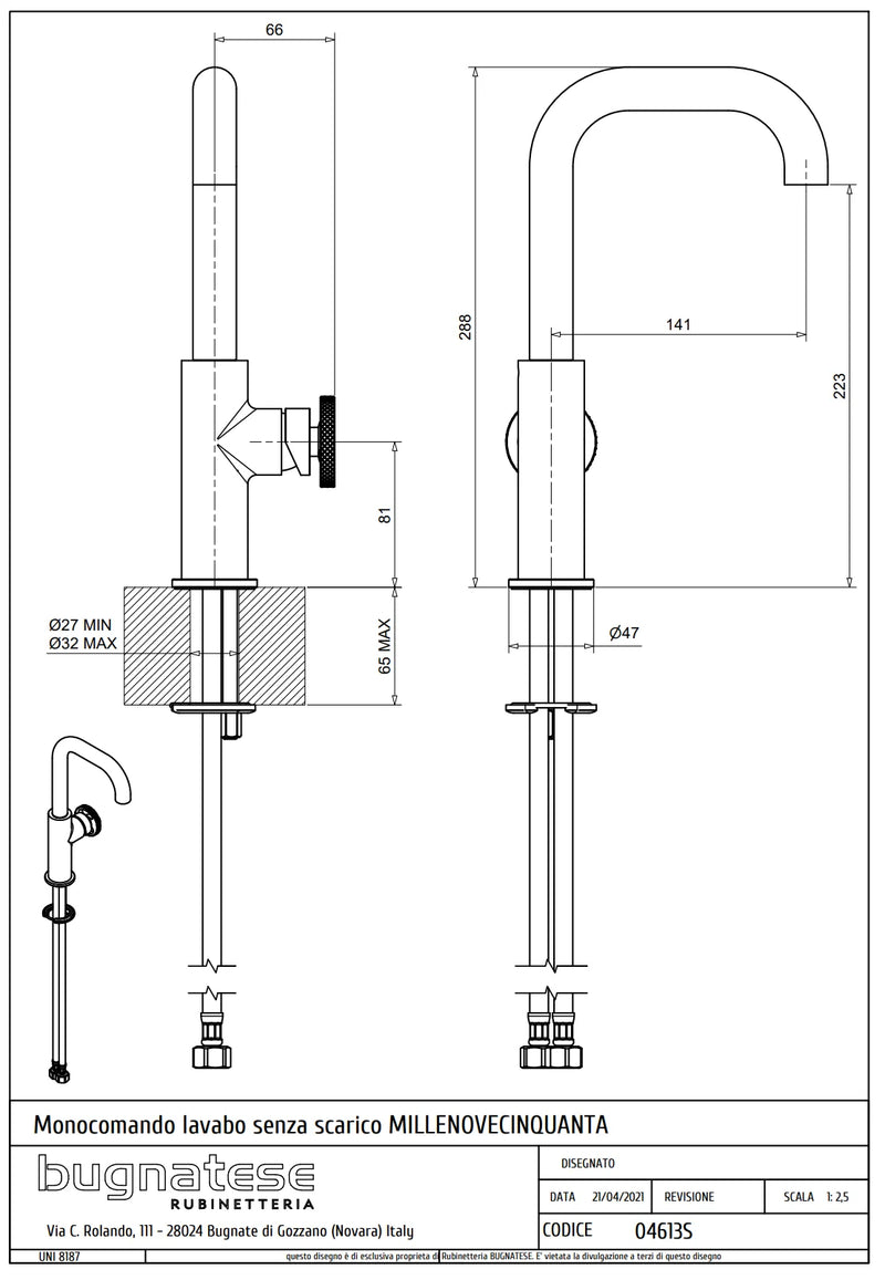 Technical Drawing for Bugnatese, Modern, Mosdócsaptelep leeresztő nélkül – Fürdő – 4613S