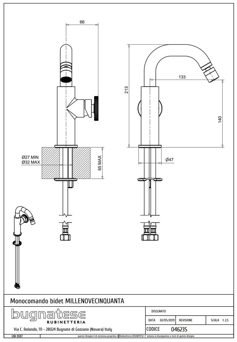 Technical Drawing for Bugnatese, Modern, Bidet csaptelep klikk-klakk leeresztővel – Fürdő – 4623SC