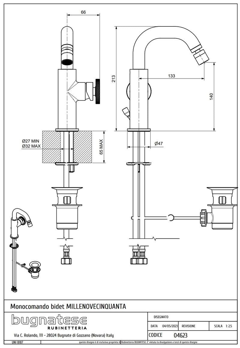 Technical Drawing for Bugnatese, Modern, Bidet csaptelep leeresztővel – Fürdő – 4623