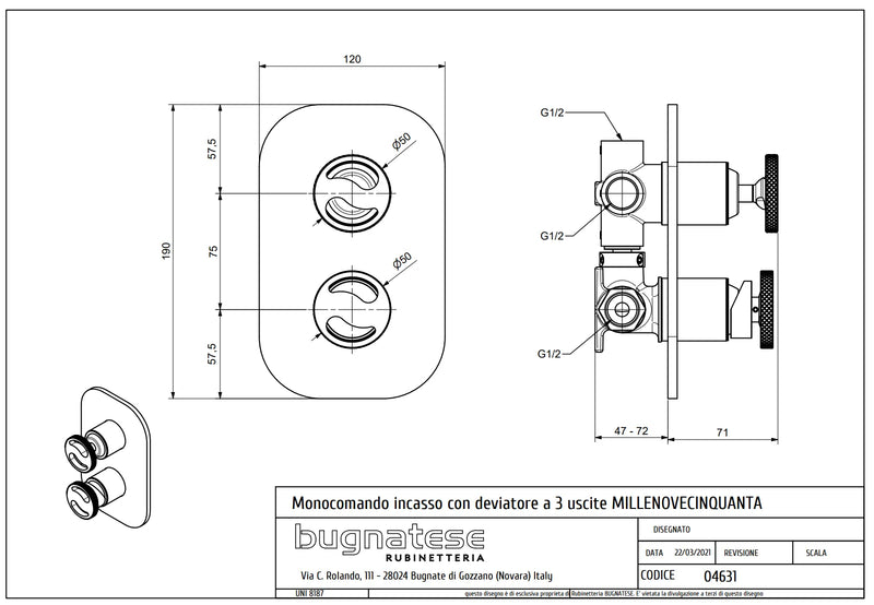 Technical Drawing for Bugnatese, Modern, Fal alatti 3 állású zuhanyváltó – Fürdő – 4631