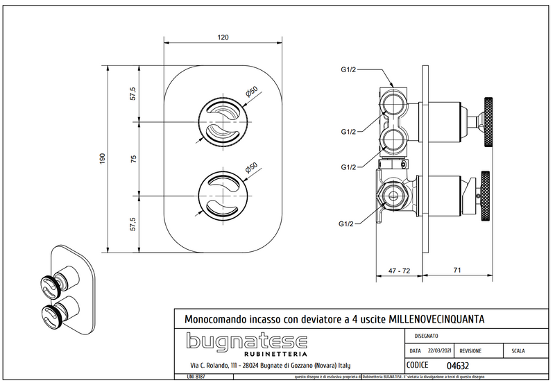 Technical Drawing for Bugnatese, Modern, Fal alatti 4 állású zuhanyváltó – Fürdő – 4632