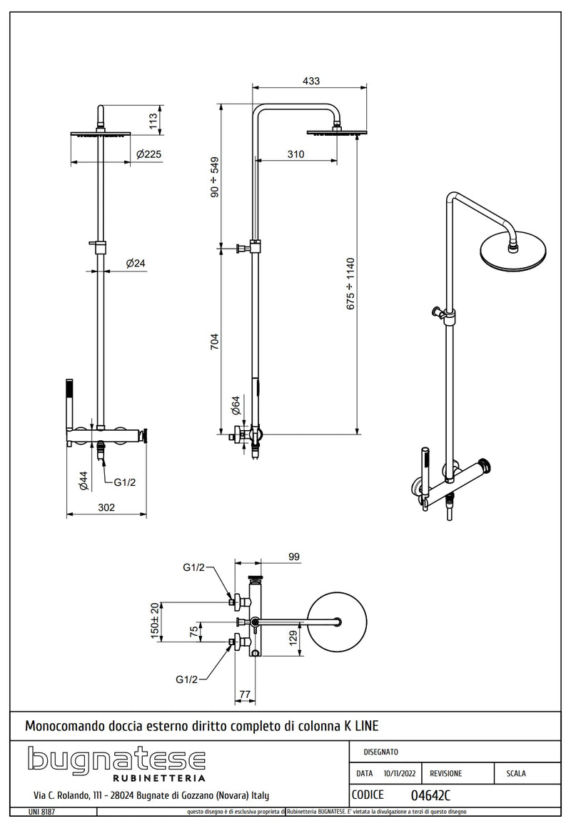 Technical Drawing for Bugnatese, Modern,  Esőztető rendszer fej és kézizuhannyal– Fürdő – 4642C