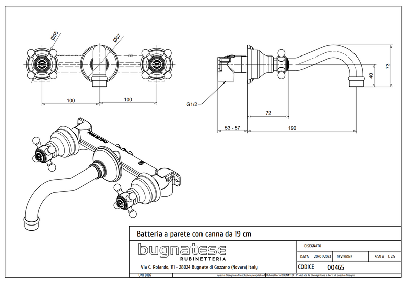 Technical Drawing for Bugnatese, Klasszikus, Fal alatti mosdócsaptelep leeresztővel – Fürdő – 465SC