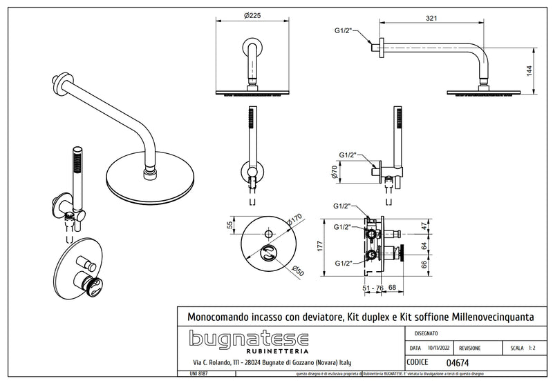 Technical Drawing for Bugnatese, Modern, Fal alatti zuhanycsaptelep kézizuhannyal és esőztetőfejjel – Fürdő – 4674