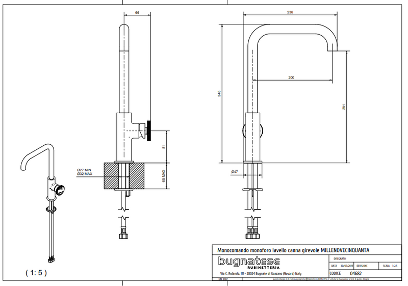 Technical Drawing for Bugnatese,Millenovecinquanta, Modern, Álló konyhai csaptelep leeresztővel – Konyha – 4682