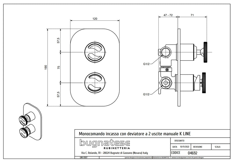 Technical Drawing for Bugnatese, Modern, Fal alatti váltós zuhanycsaptelep – Fürdő – 4692