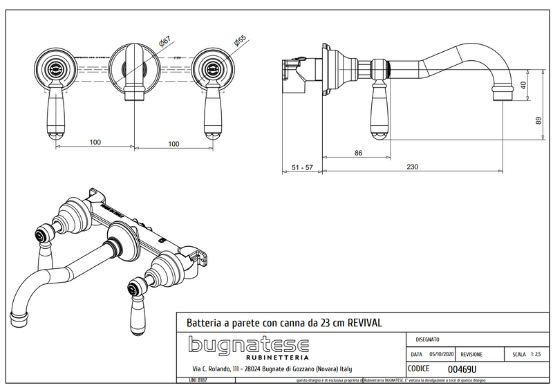 Technical Drawing for Bugnatese, Klasszikus, Fal alatti mosdócsaptelep – Fürdő – 469U