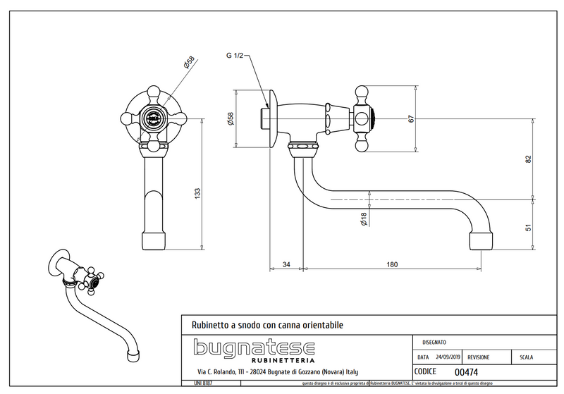 Technical Drawing for Bugnatese, Klasszikus, Fal alatti mosdócsaptelep – Fürdő – 474