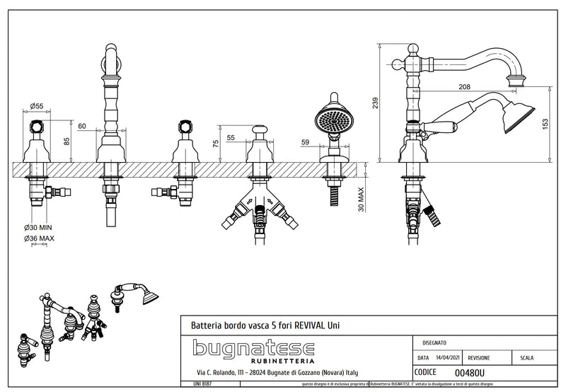 Technical Drawing for Bugnatese, Revival,  Peremre szerelt 5 üléses kádcsaptelep – Fürdő – 480U