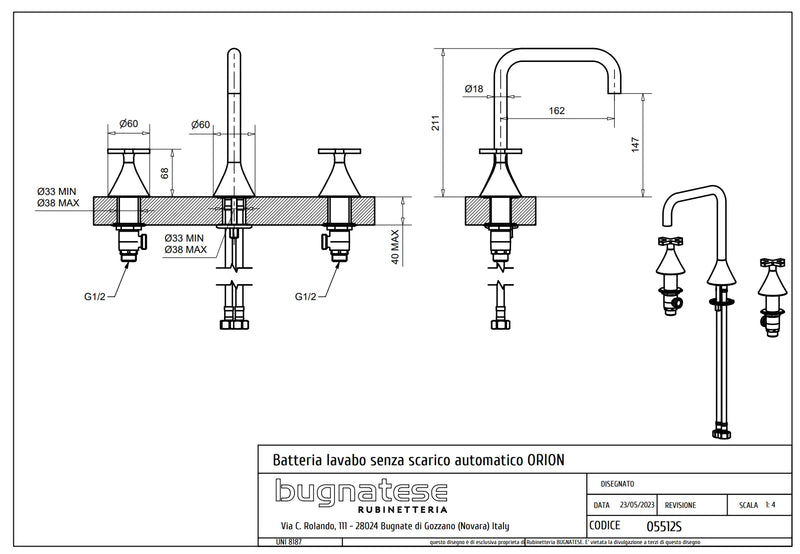 Technical Drawing for Bugnatese, Orion , 3 üléses mosdó csaptelep klikk-klakk leeresztővel– Fürdő – 5512SC