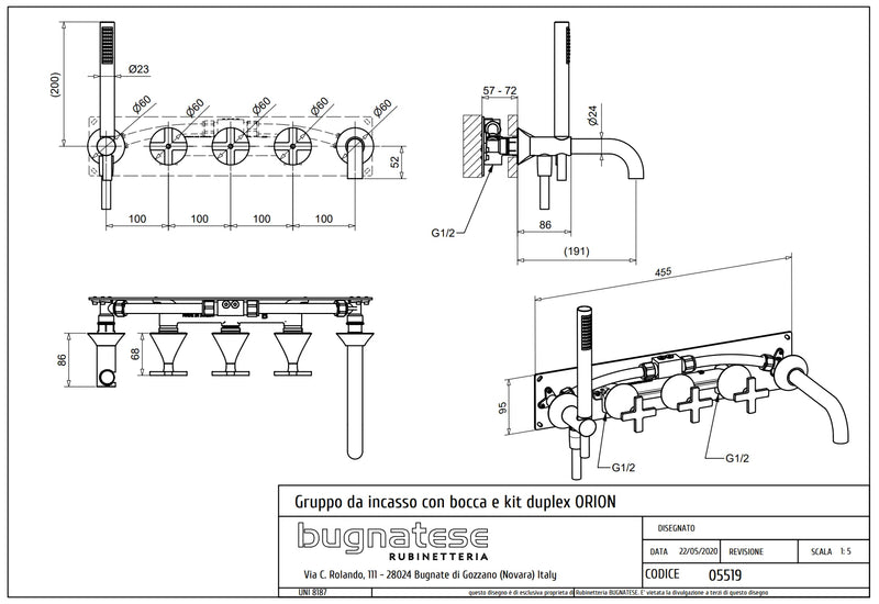Technical Drawing for Bugnatese, Orion , Fal alatti rendszer kifolyóval és zuhanyszettel – Fürdő – 5519