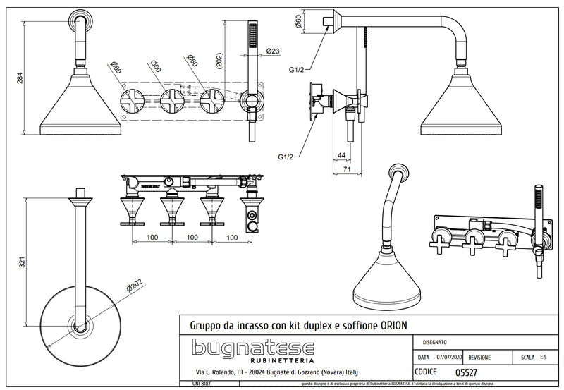 Technical Drawing for Bugnatese, Orion , Fal alatti zuhanycsaptelep kézizuhannyal és esőztetőfejjel – Fürdő – 5527